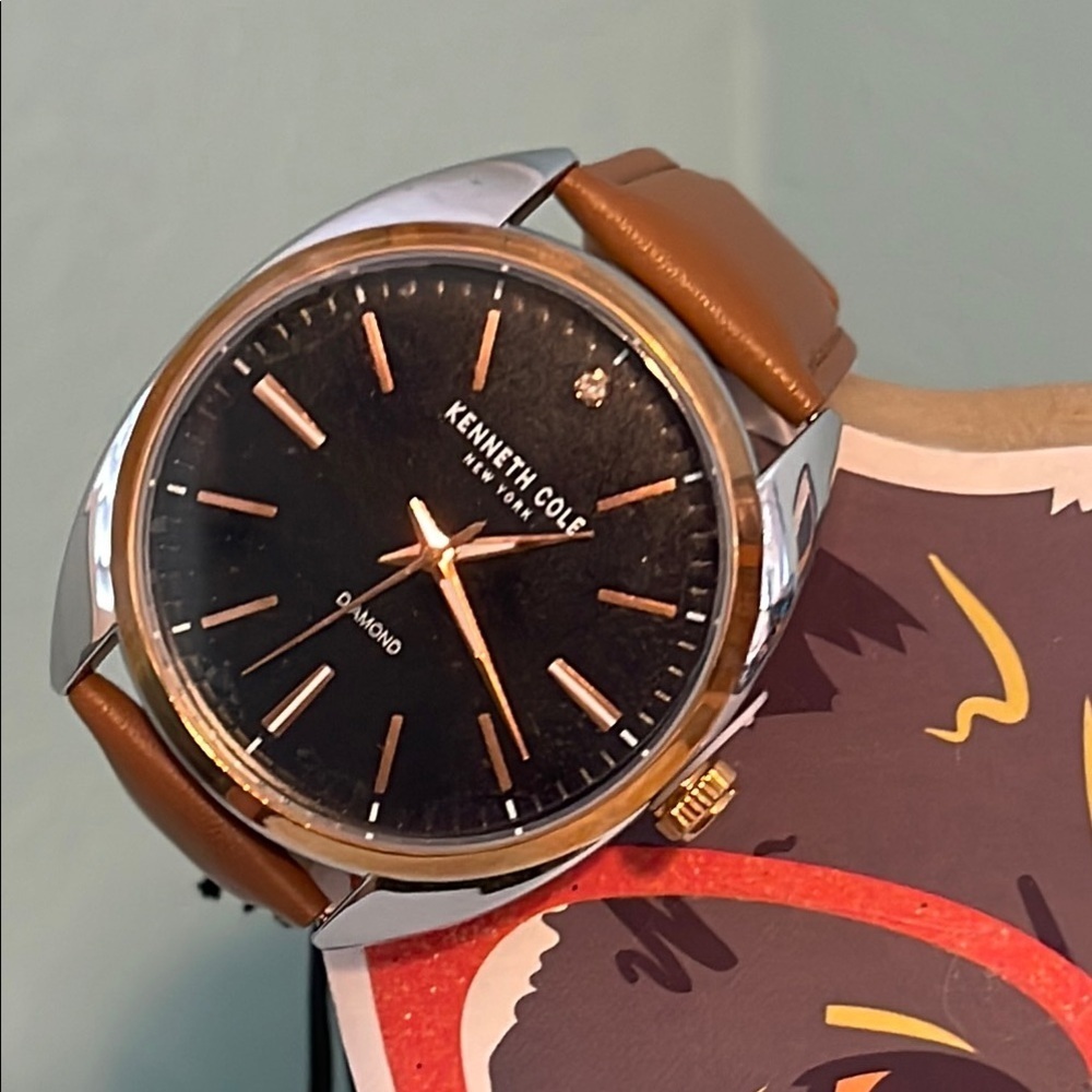 Kenneth Cole New York Men’s Brown Leather Diamond Accent Watch Stainless Steel - Picture 13 of 17